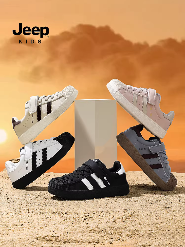 Giày trẻ em Jeep kiểu dáng casual, mũi giày hình vỏ sò, giày thể thao đen, mùa thu đông 2025, giày mềm đế mềm cho bé trai