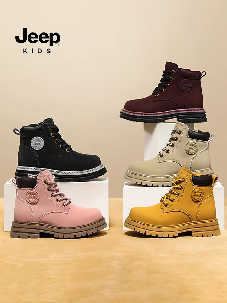 Giày đi bộ đường dài màu vàng cho bé trai Jeep Giày bốt Martin trẻ em mùa đông 2025 kiểu dáng mới Giày bốt cotton lót lông cừu Giày bốt da bé gái