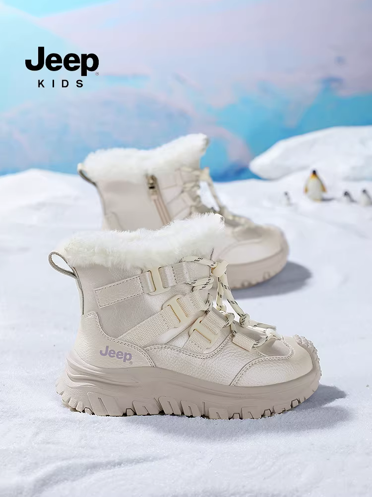 Giày bốt đi tuyết trẻ em Jeep dành cho bé gái, giày cotton cỡ lớn, giày bốt lông cừu chống lạnh lót lông mùa đông mới 2025 dành cho bé trai, chống thấm nước