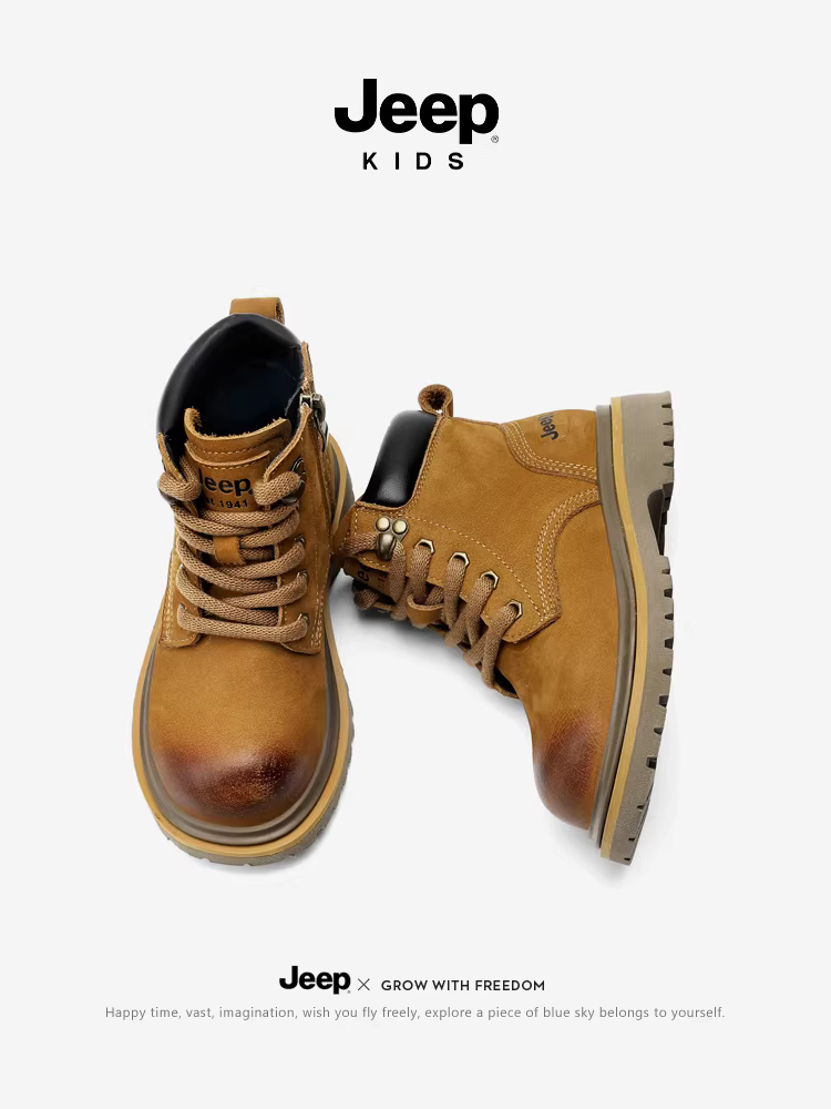 Giày bốt da thật trẻ em Jeep, bốt da cho bé trai và bé gái, bốt cổ ngắn màu vàng cổ điển lót lông mùa đông 2025, bốt ngắn chống thấm nước