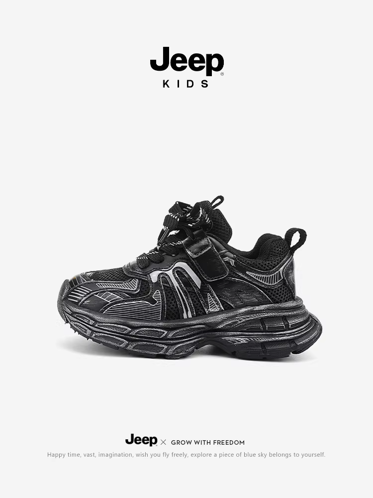 Giày bố trẻ em Jeep màu đen, giày nam bé trai mùa thu 2025, giày trẻ em thông thường thoáng khí, giày thể thao bé gái