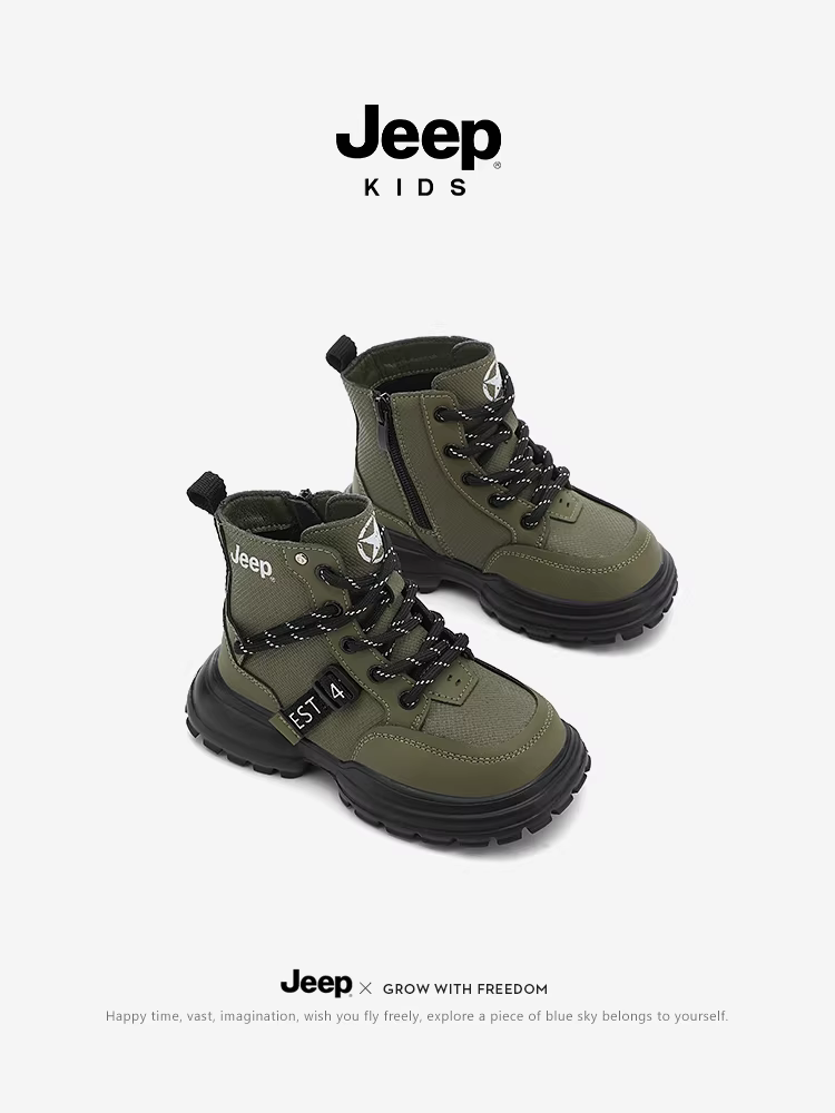 Giày bốt da trẻ em Jeep, giày đi bộ ngoài trời phong cách cổ điển và cá tính, giày bốt nam mới mùa thu 2025, giày bốt cotton lót lông cừu