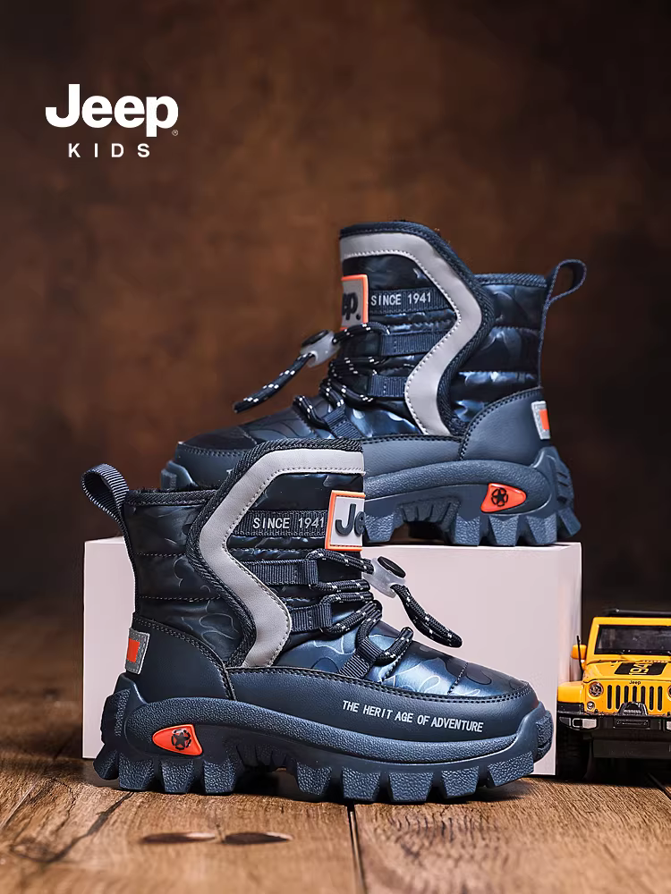 Giày bốt tuyết trẻ em Jeep mùa đông lót lông cừu dày, giày bông dày 2025 mới dành cho bé trai và bé gái, giày lông mềm