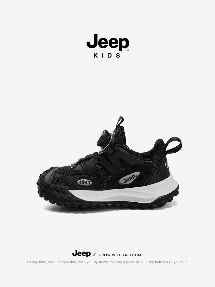 Giày thể thao màu đen cho bé trai Jeep thoáng khí, nhẹ, giày chạy bộ cho bé gái, mẫu mới hè 2025, giày trẻ em chất liệu lưới