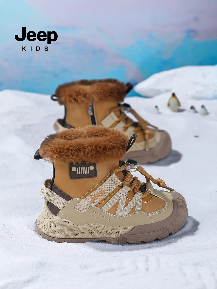 Giày bốt đi tuyết cho bé trai Jeep mùa đông 2025 Giày bốt chống thấm nước và chống trượt mới dành cho bé trai, giày cotton cỡ lớn chống lạnh lót lông cừu cho trẻ em