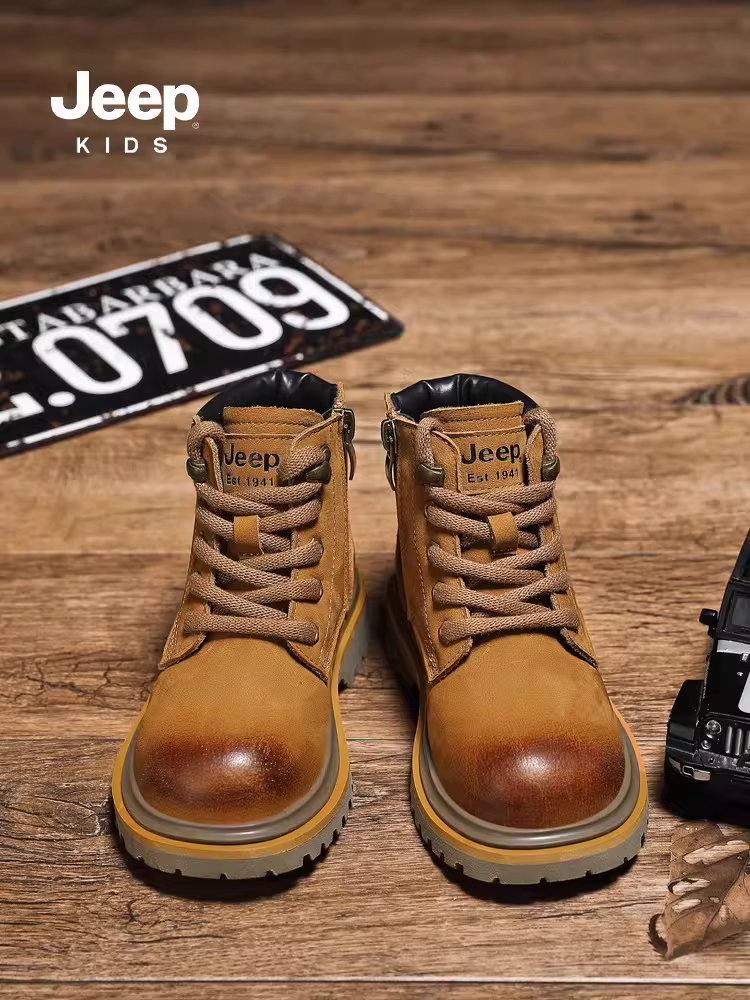 Giày bốt trẻ em Jeep da thật Giày bốt da mùa thu đông dành cho bé trai và bé gái Giày bốt màu vàng chống thấm nước mùa đông 2025 Giày bốt cotton lót lông cừu