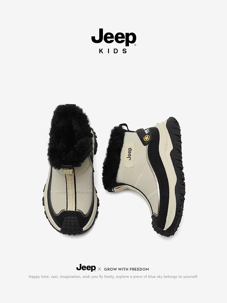 Giày bốt đi tuyết cho bé trai Jeep có lớp lót lông cừu, giày cotton cỡ lớn ấm áp, giày trẻ em lông thú mới mùa đông 2025, giày bốt cotton trẻ em chống lạnh.