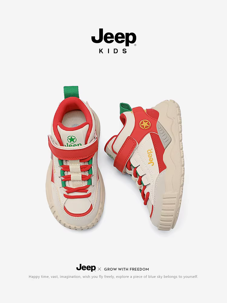Giày thể thao trẻ em Jeep màu đỏ Giày năm mới 2025 mùa đông kiểu mới lót lông cừu cotton giày thể thao bé trai phong cách xuân thu