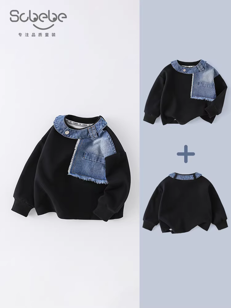 Áo thun dài tay phối denim cho bé và trẻ nhỏ, mẫu mới thu đông 2025, áo lót thời trang cho bé