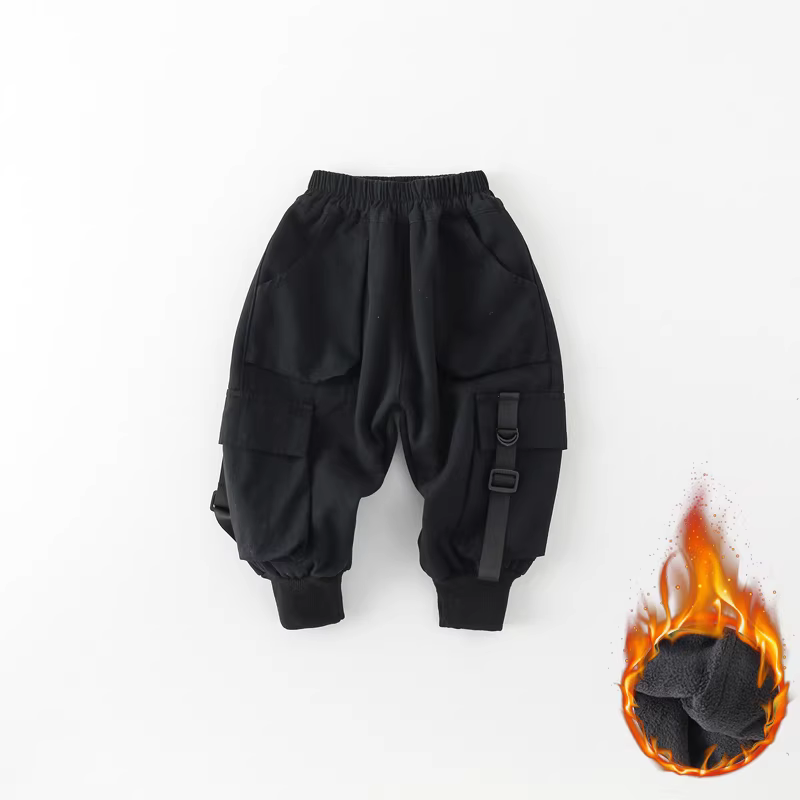 Quần cargo lót lông cừu trẻ em, kiểu thu đông mới, quần dài bé trai, phong cách Hàn Quốc, quần jogger nhiều túi AK336