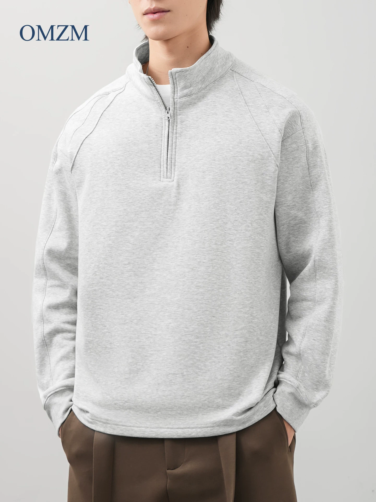 Áo thun nam OMZM cổ đứng nửa khóa kéo, tay dài, lót lông cừu dày dặn mùa đông, thiết kế dáng áo tháo rời phân đoạn.
