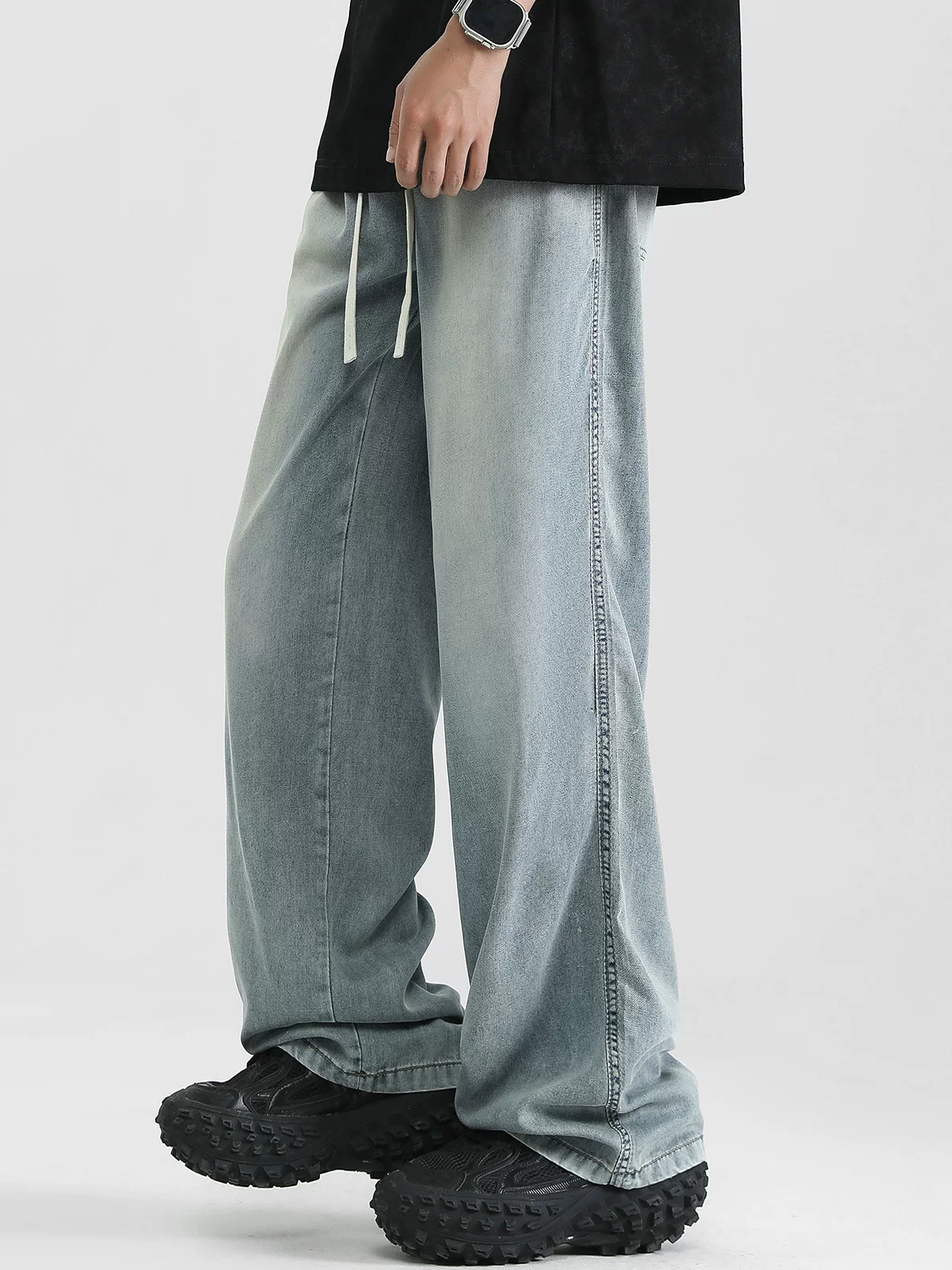 Quần jean ống loe OMZM Lyocell Tencel dành cho nam, quần ống rộng mỏng bằng lụa băng mùa hè, quần ống thẳng kiểu đường phố Mỹ