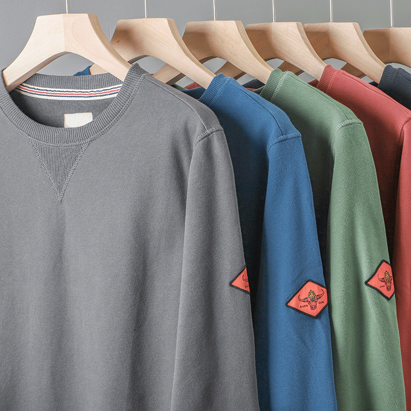 Áo len cổ tròn kiểu Mỹ dành cho nam, chất liệu cotton nguyên chất, dáng rộng, dày dặn, màu trơn, lót lông cừu, áo chui đầu dài tay, áo lót, áo khoác cho mùa xuân và mùa thu.