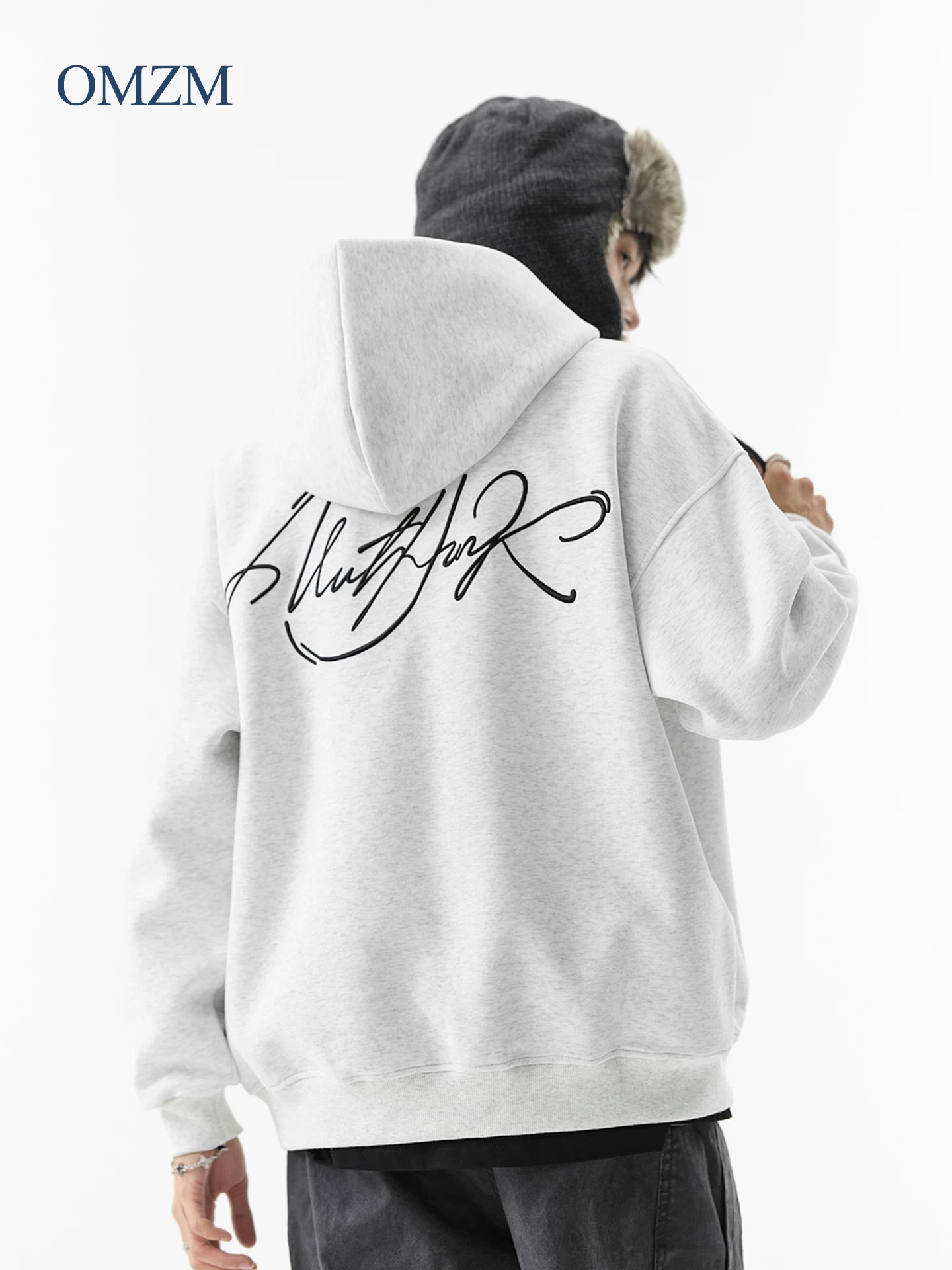 Áo khoác cardigan hạng nặng OMZM450G dành cho nam, áo nỉ có mũ trùm đầu thêu phong cách Mỹ mùa thu, áo khoác cardigan dáng rộng dành cho cặp đôi.