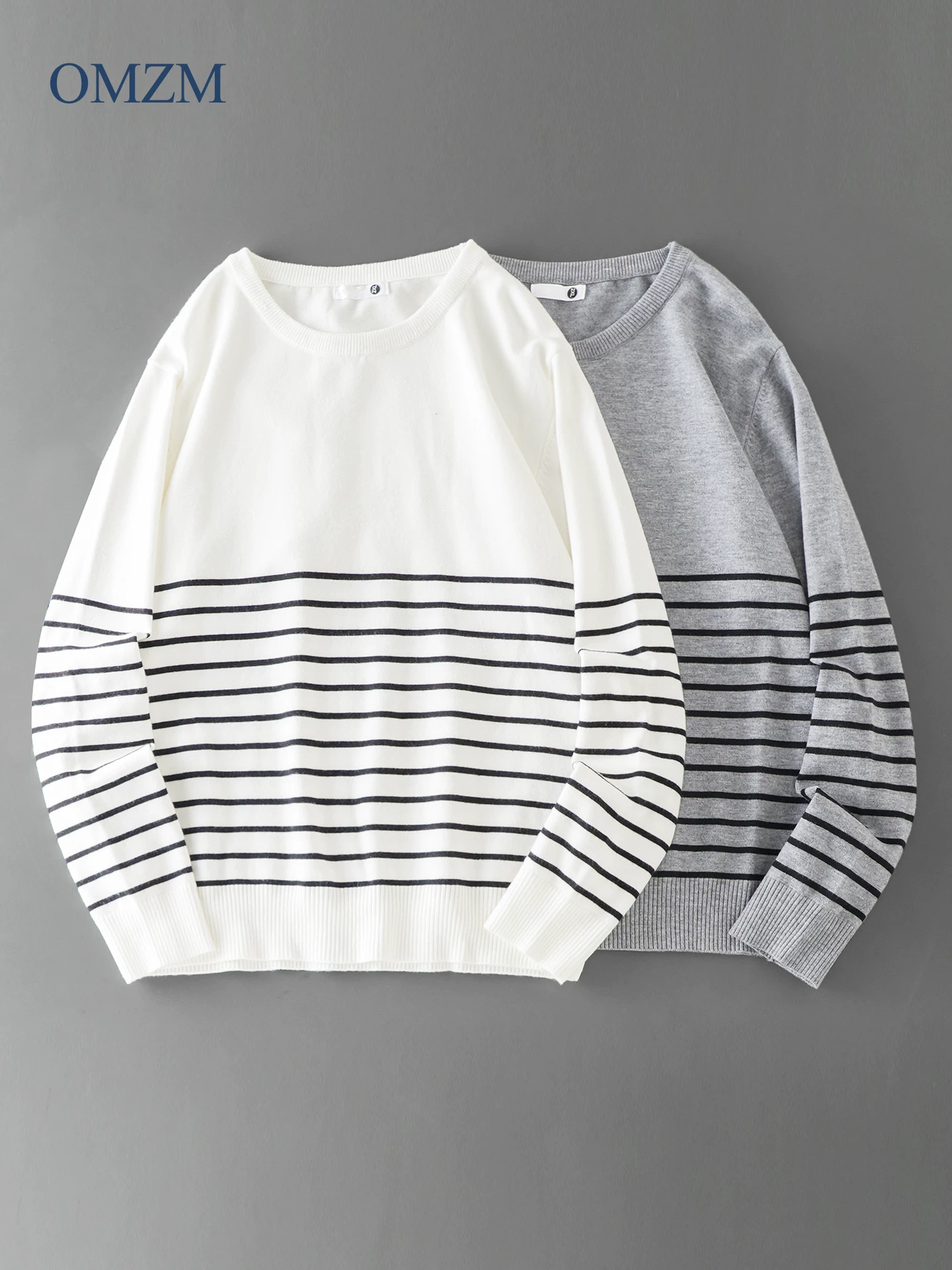 Áo len sọc đen trắng kiểu Mỹ OMZM dành cho nam, mùa thu đông, áo dệt kim cổ tròn phối màu cao cấp, áo lót bên trong rộng rãi.
