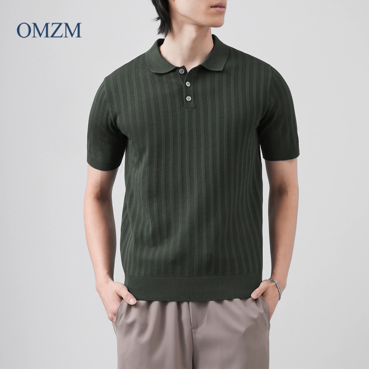 Áo sơ mi POLO ngắn tay dệt kim dọc OMZM dành cho nam, mùa hè phong cách Mỹ, kiểu dáng rộng, phong cách tiền cổ, màu trơn, áo thun nửa tay