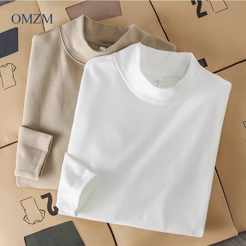 Áo sơ mi lớp lót giữ nhiệt hai mặt kiểu Mỹ dành cho nam, quần áo giữ ấm có cổ giữa mùa đông lót lông cừu, áo thun dài tay bên trong màu trơn.