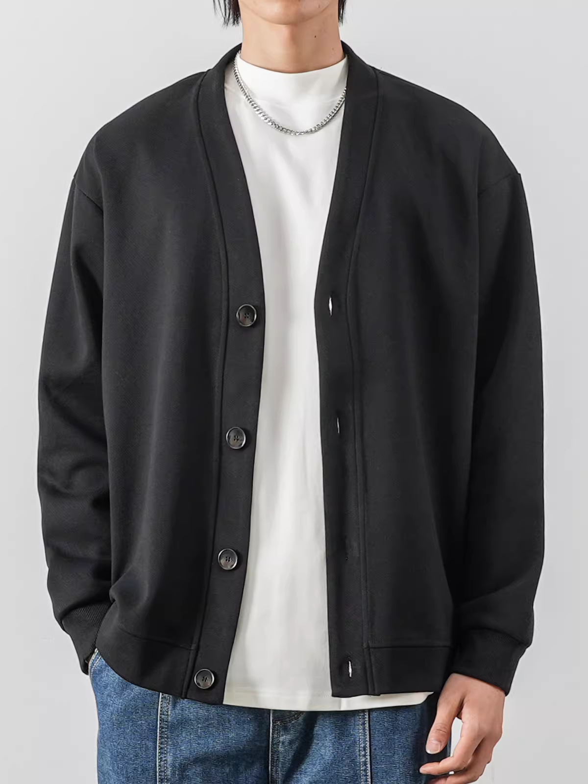 Áo khoác cardigan hạng nặng OMZM400G dành cho nam, áo khoác len cổ chữ V màu trơn phong cách Nhật Bản mùa thu, áo len kiểu dáng lười biếng