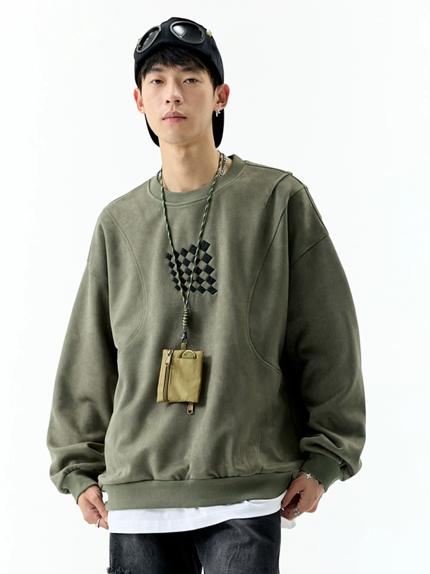 Áo len da lộn hạng nặng OMZM380G dành cho nam, áo sơ mi dài tay cổ tròn thêu chắp vá phong cách Mỹ mùa thu