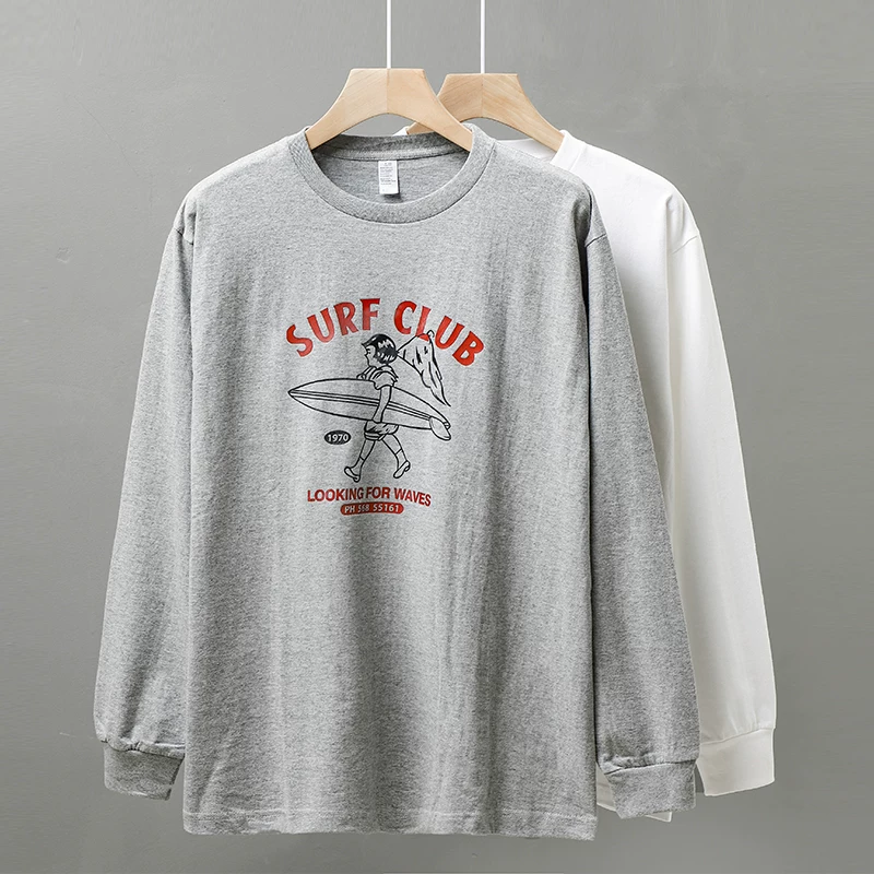 OMZM Áo thun dài tay in hình phong cách Mỹ 300g nặng, áo thun dài tay dành cho nam, áo thun cổ tròn bằng cotton nguyên chất mùa thu đông