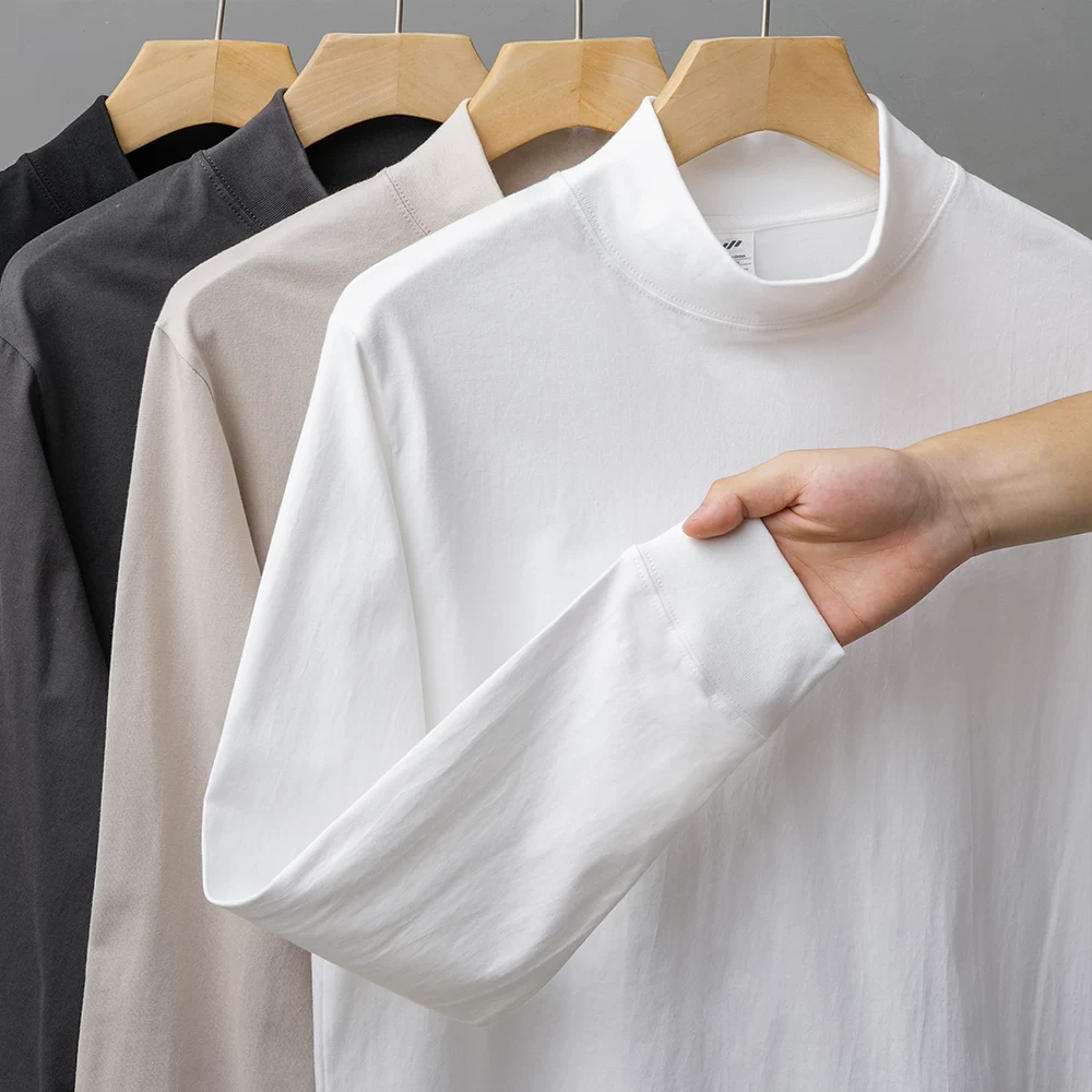 Áo thun nam tay dài cổ cao nửa cổ, chất liệu cotton nguyên chất 270G, áo lót màu trơn mùa thu, áo sweatshirt cổ trung bình rộng rãi cho nam.