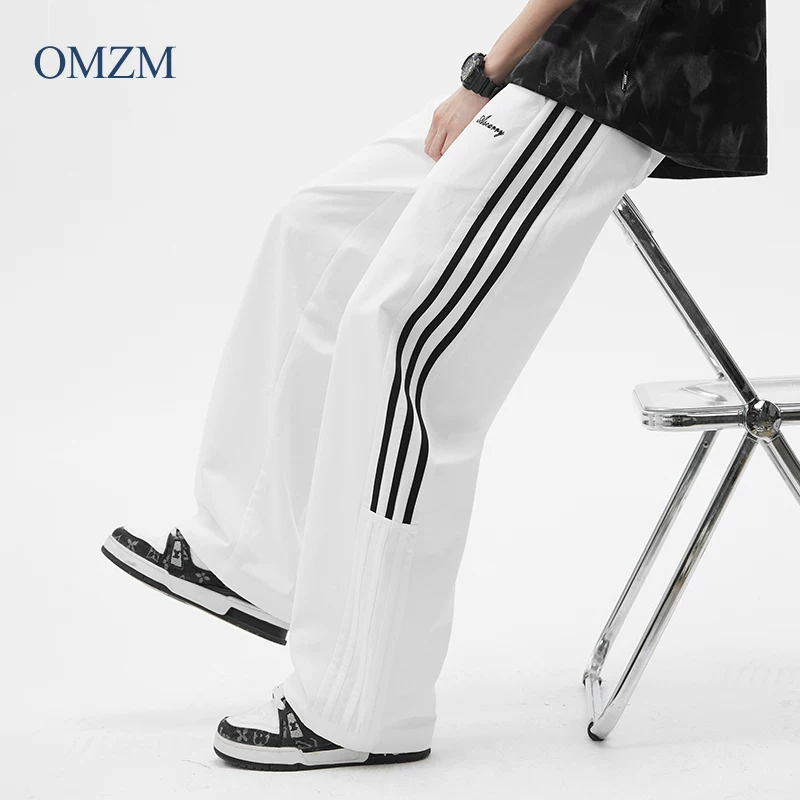 Quần thể thao nam OMZM chất liệu cotton nguyên chất, sọc, kiểu dáng mới xuân 2025, thời trang, dáng thẳng, rộng rãi, thoải mái, dài.