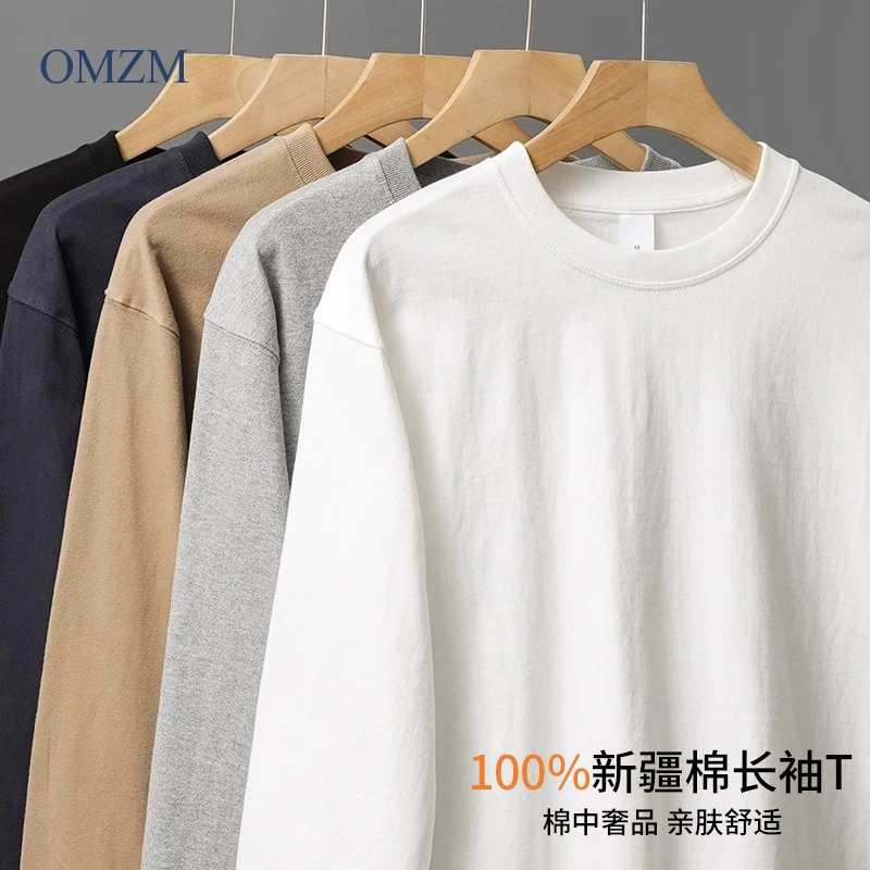 Áo thun dài tay hạng nặng 400G dành cho nam và nữ, áo sơ mi cơ bản màu trắng tinh khiết dành cho mùa thu, áo len cổ tròn cổ nhỏ kiểu Mỹ.