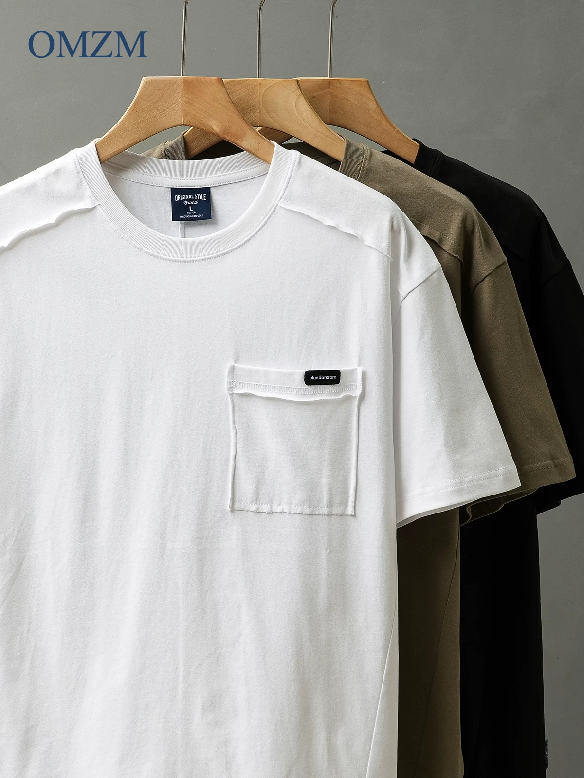 Áo thun ngắn tay bằng cotton nguyên chất hạng nặng OMZM260G dành cho nam, áo thun có túi màu trơn cổ điển mùa hè, cổ tròn rộng nửa tay