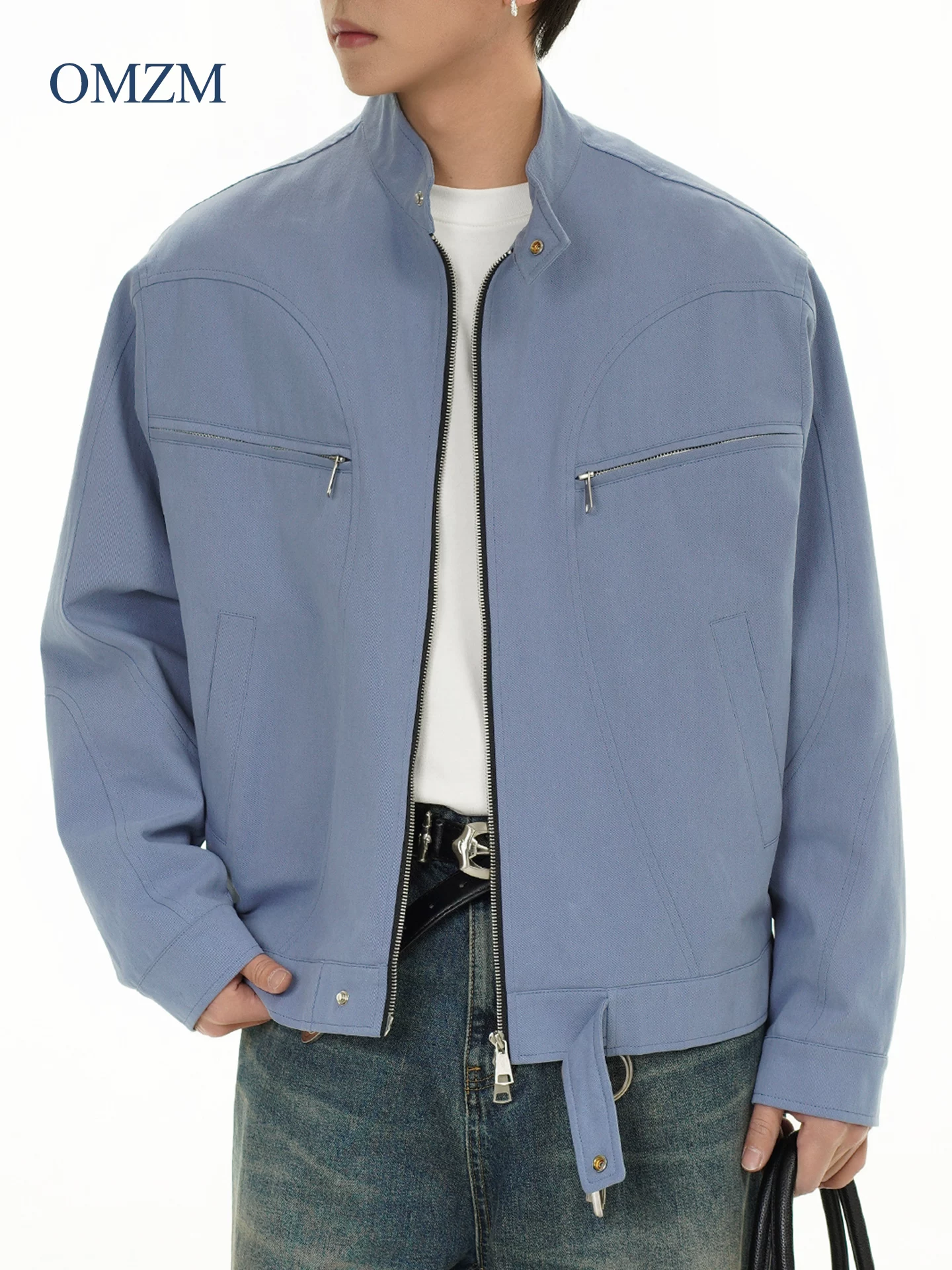 OMZM Harrington Áo khoác nam mùa thu kiểu Mỹ cổ điển Thiết kế bằng vải cotton nguyên chất được thiết kế theo phong cách cổ điển Áo khoác công sở cổ đứng chức năng