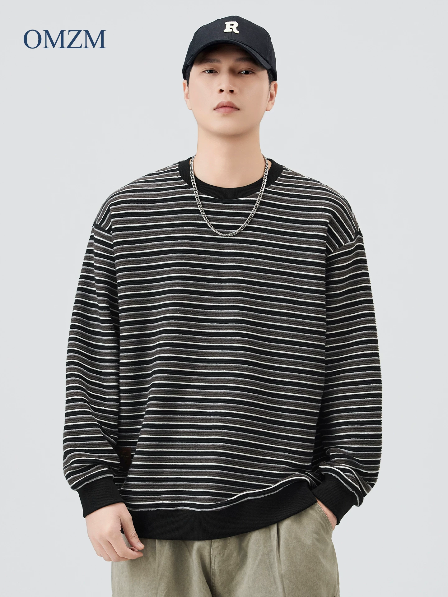 Áo nỉ cổ tròn sọc nặng ký OMZM350G dành cho nam, áo sơ mi dài tay phối màu cổ điển kiểu Mỹ mùa thu đông, áo khoác rộng