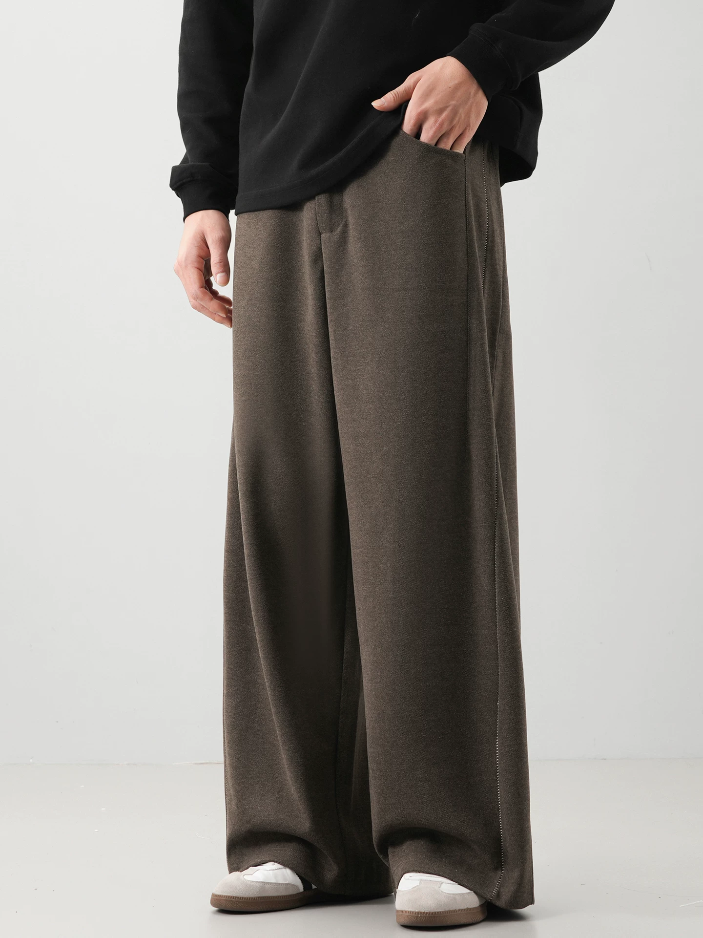 Quần len dày kiểu Mỹ OMZM dành cho nam, quần ống rộng dày dặn ấm áp mùa thu đông, quần ống rộng dáng thẳng dáng rộng, quần thường ngày.