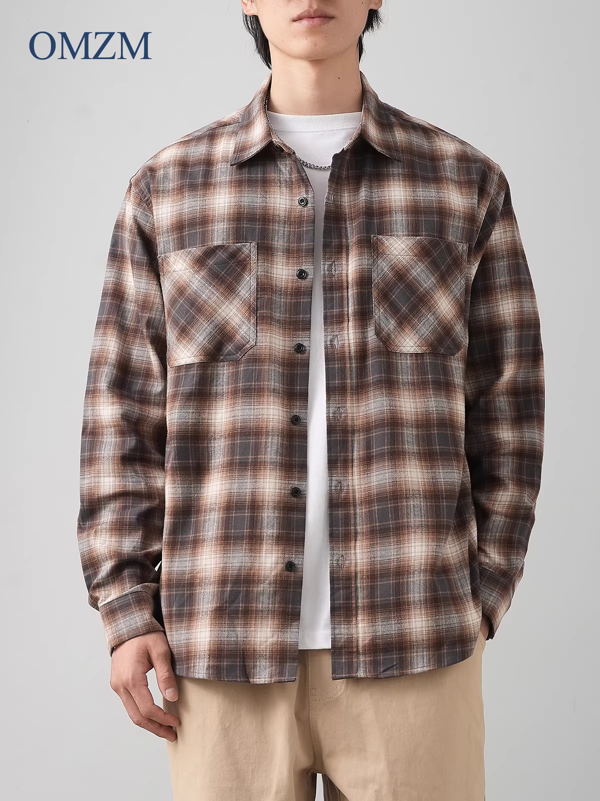 OMZM Mỹ áo sơ mi nỉ dày dặn nam dài tay mùa thu áo sơ mi kẻ sọc cổ điển dáng rộng áo khoác bảo hộ lao động thông thường