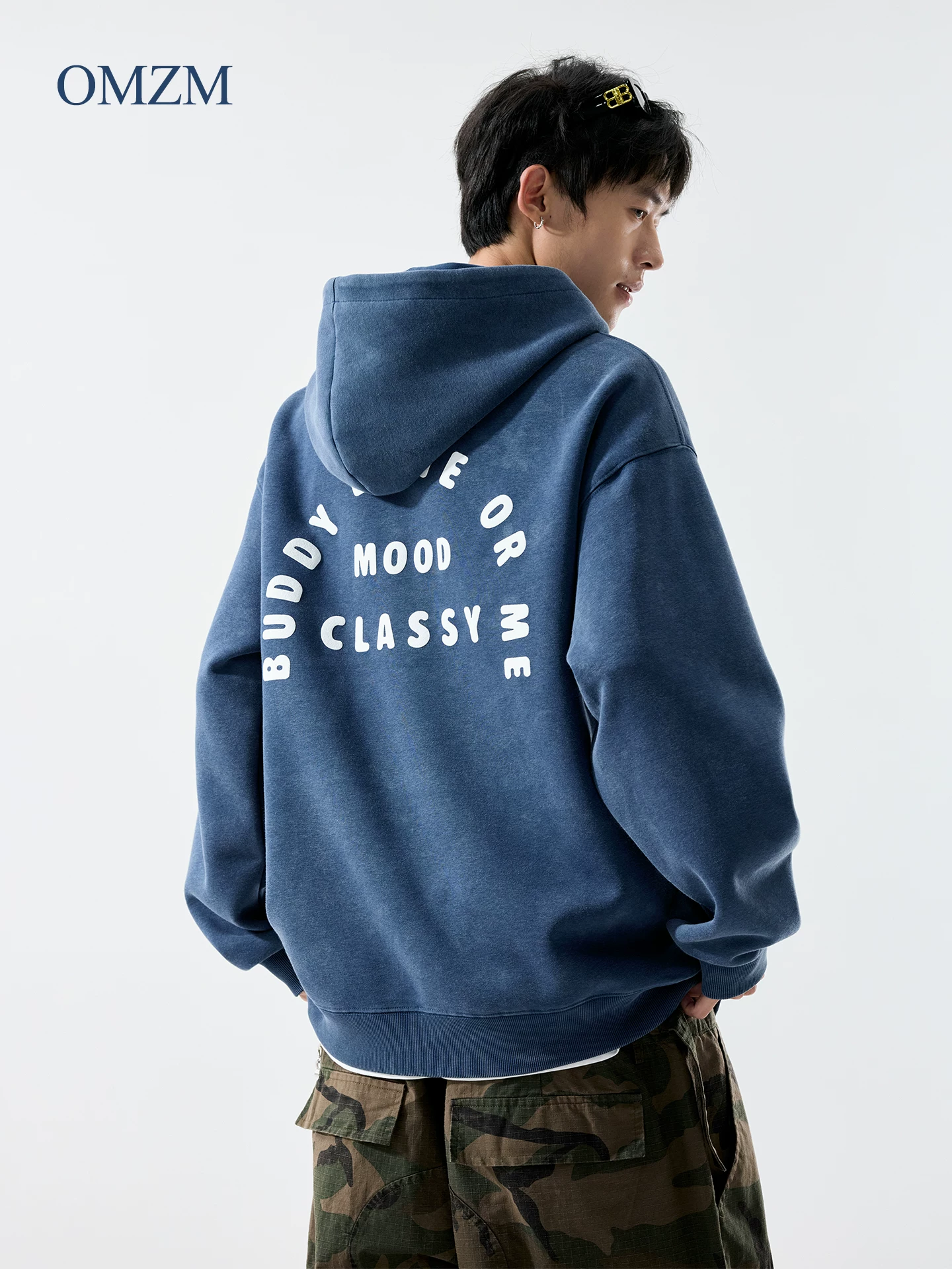 Áo hoodie nặng chất OMZM400G dành cho nam, phong cách Mỹ mùa thu, chất liệu cotton nguyên chất, in họa tiết cũ kỹ, tay dài, dáng rộng