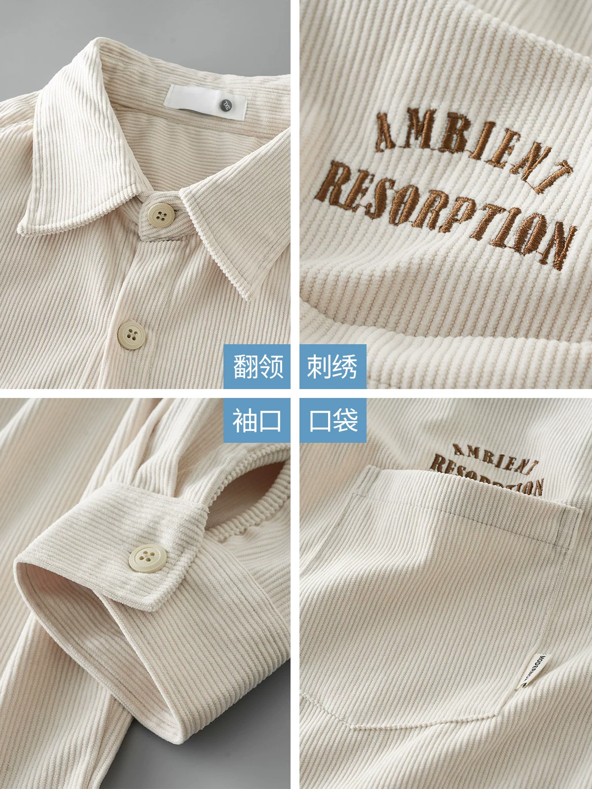 OMZM Áo sơ mi vải nhung dày kiểu Mỹ áo khoác dài tay mùa thu áo sơ mi thêu chữ cao cấp áo khoác công sở