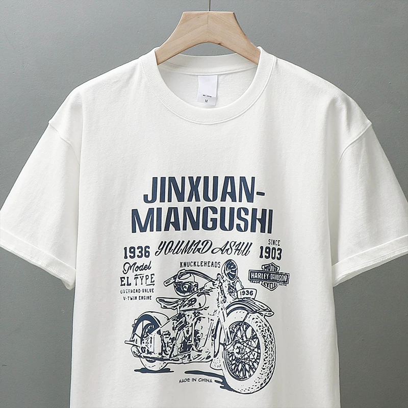 Áo thun nam kiểu Mỹ 300g chất liệu cotton nguyên chất, tay ngắn, cổ tròn, dáng rộng, in hình biker phong cách Amekaji, mùa hè