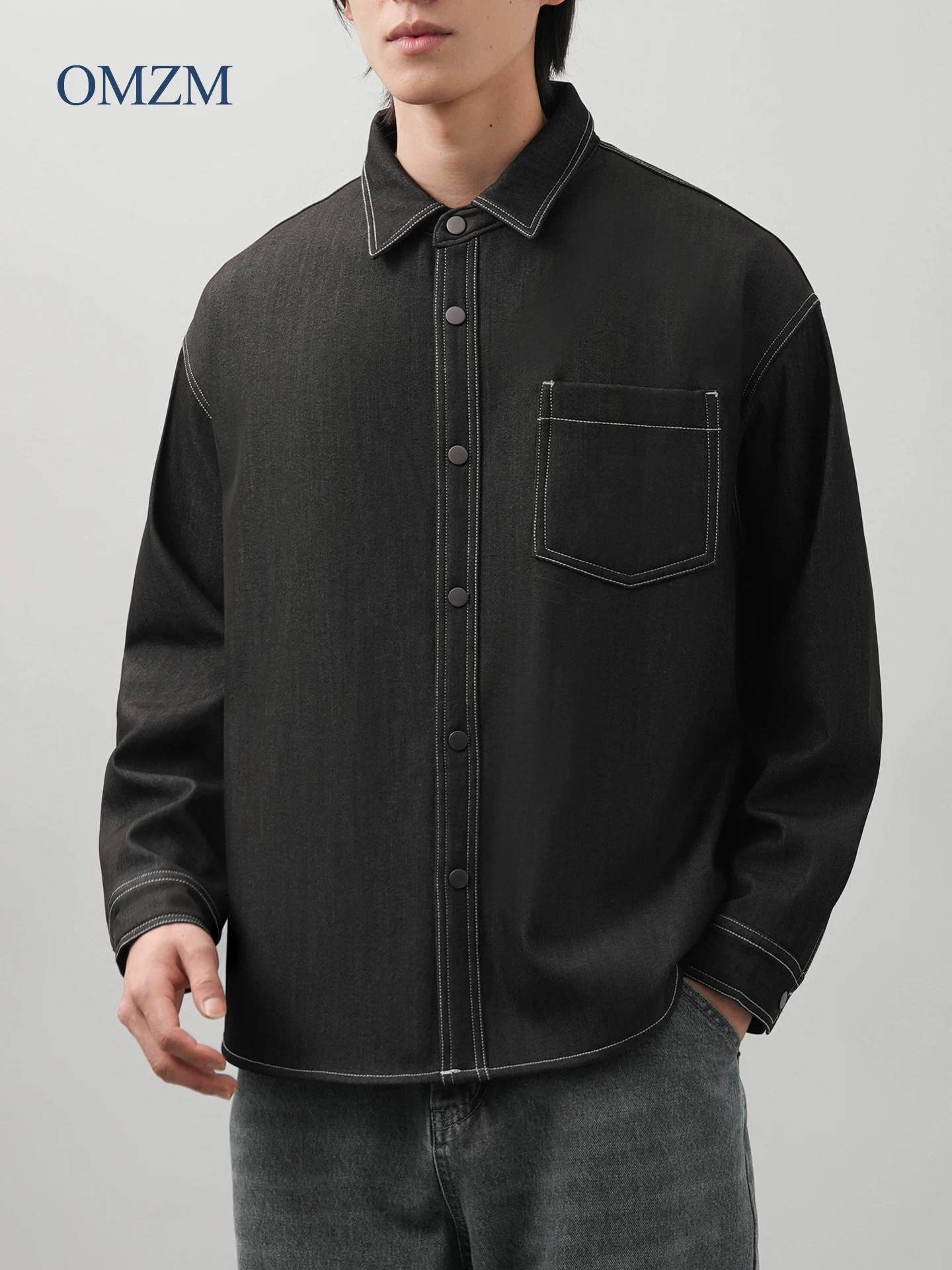 Áo sơ mi denim dày lót lông cừu OMZM dành cho nam, áo sơ mi công sở dài tay mùa đông, áo khoác thường ngày đa năng đơn giản phong cách Nhật Bản