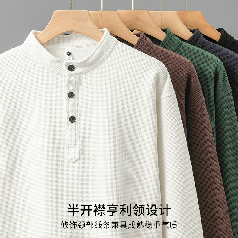 Áo len dệt kim nặng kiểu waffle OMZM350G dành cho nam, áo henley màu trơn phong cách retro Mỹ mùa xuân thu, áo khoác dài tay