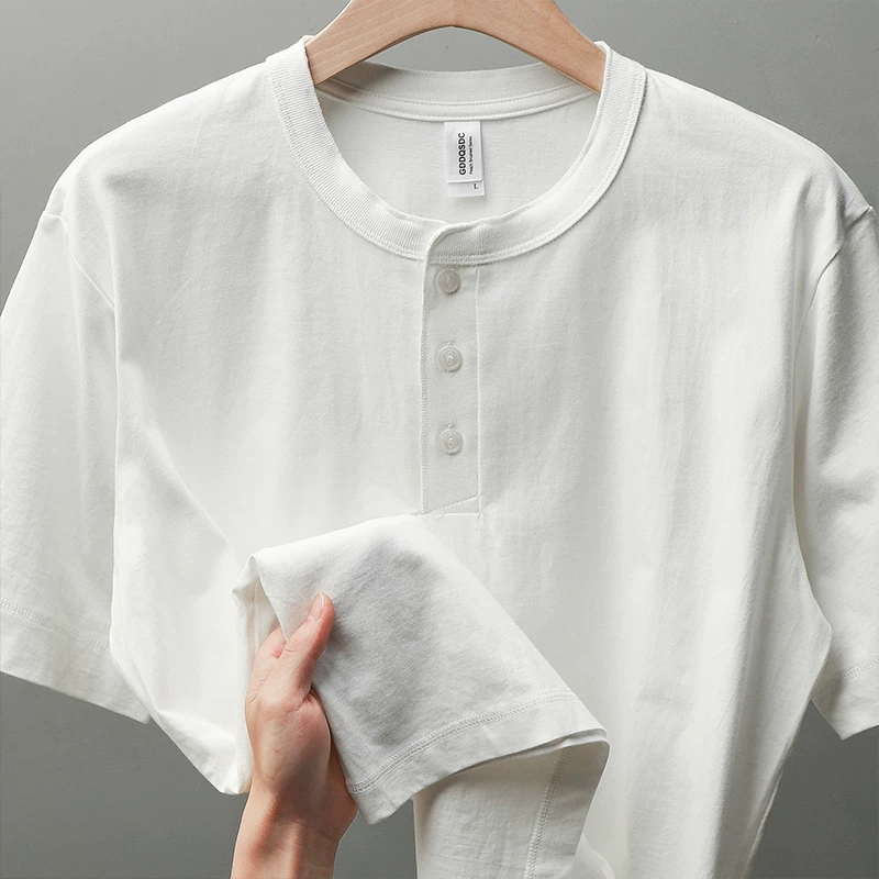 OMZM phong cách Mỹ 280g áo sơ mi henley hạng nặng áo thun ngắn tay nam mùa hè retro chàng trai cứng rắn nguyên chất cotton nguyên chất màu trắng nửa tay áo