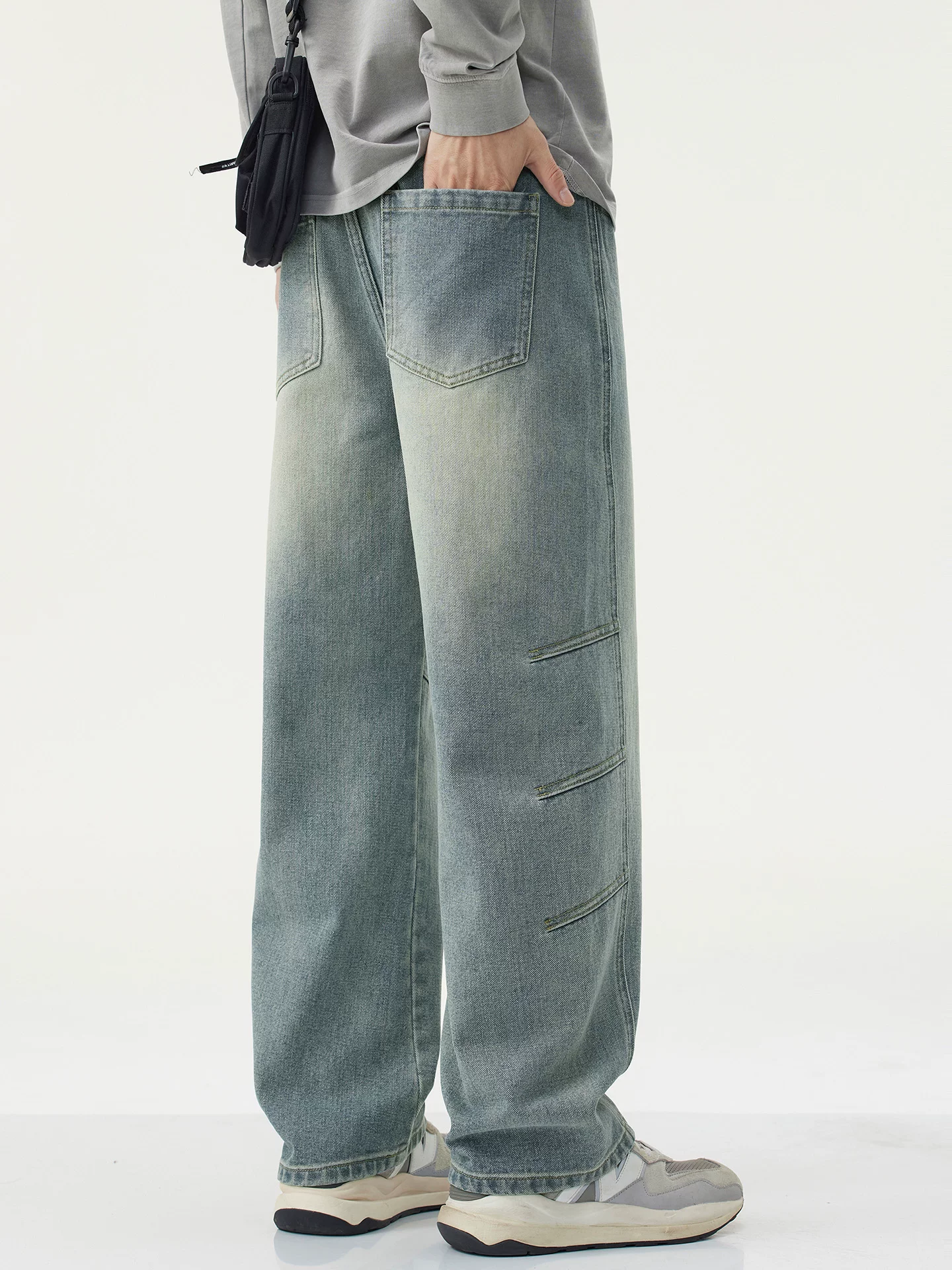 Quần jean cổ điển kiểu Mỹ OMZM dành cho nam, quần ống rộng dáng rộng mùa thu, quần công sở lưng thun trẻ trung, quần thường ngày