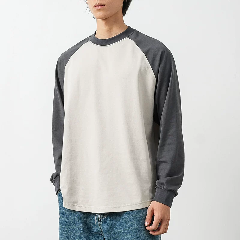 Áo thun dài tay kiểu raglan nặng 260g kiểu Mỹ OMZM dành cho nam, áo sơ mi dáng rộng mặc được cả mùa xuân và mùa thu, áo len cổ tròn phối màu.