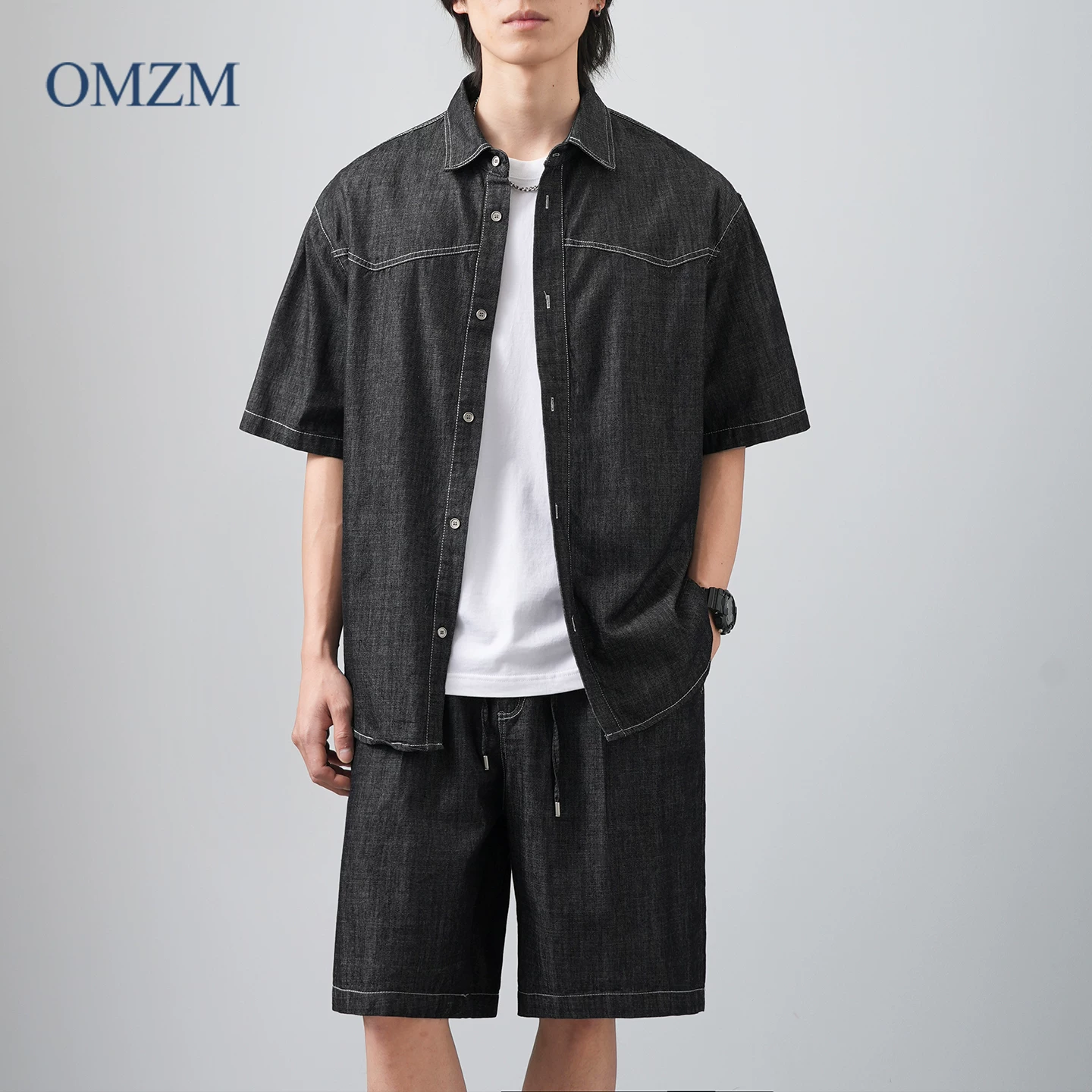 Bộ áo sơ mi và quần short denim kiểu Mỹ OMZM dành cho nam, áo sơ mi có cổ dáng rộng mùa hè, bộ hai mảnh cổ điển cao cấp