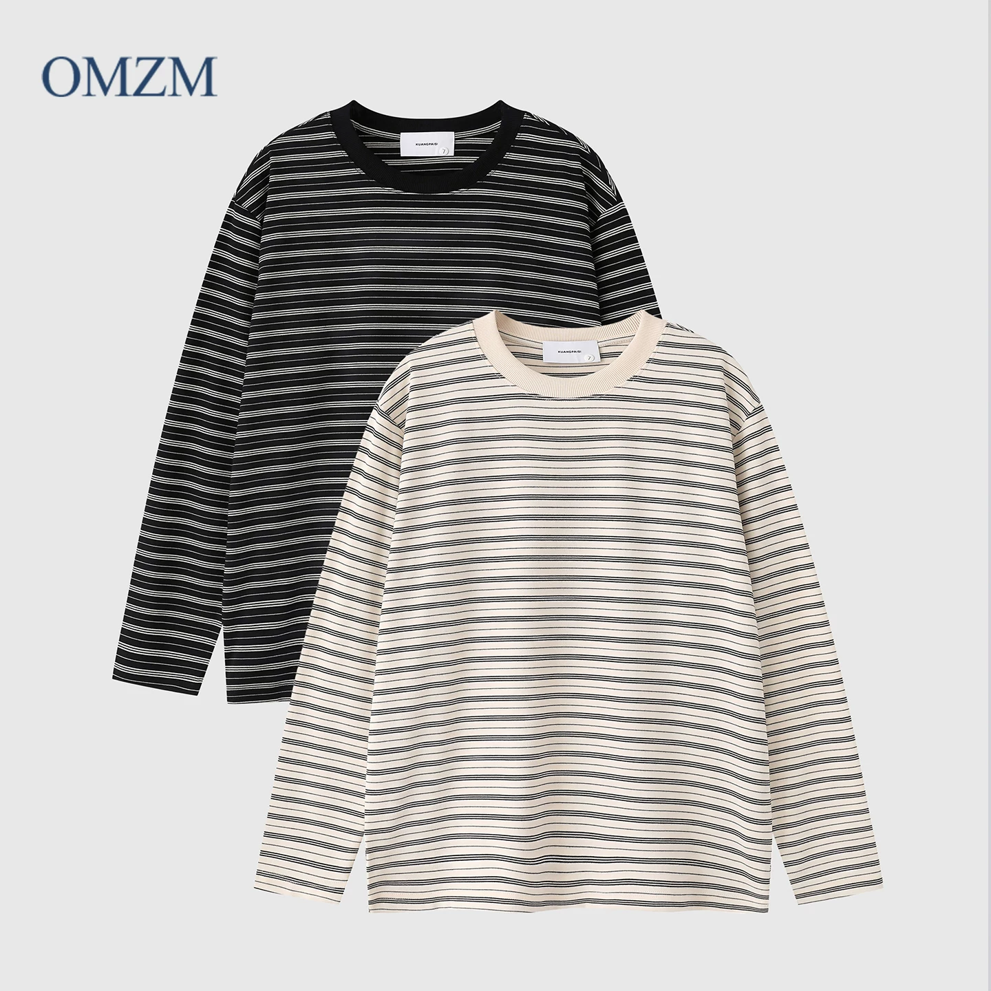 Áo thun dài tay sọc nặng ký OMZM dành cho nam, áo sơ mi cổ tròn cổ điển kiểu Mỹ mùa thu, áo sơ mi thủy thủ rộng rãi.
