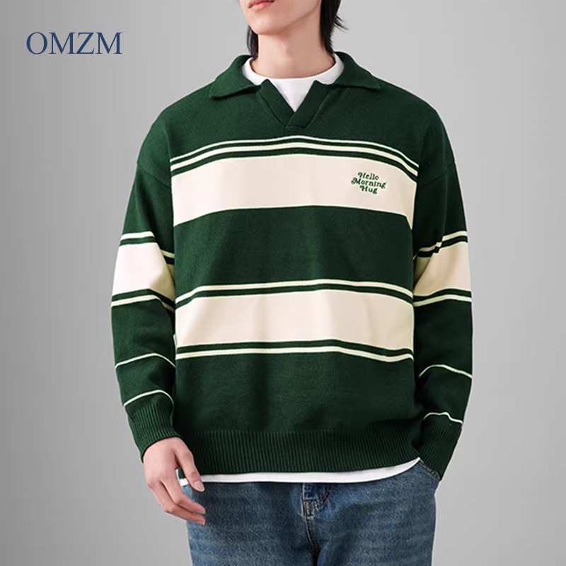 Áo len nam OMZM cổ V sọc, mùa đông 2024, kiểu cổ POLO retro, phong cách lười, phối màu tương phản