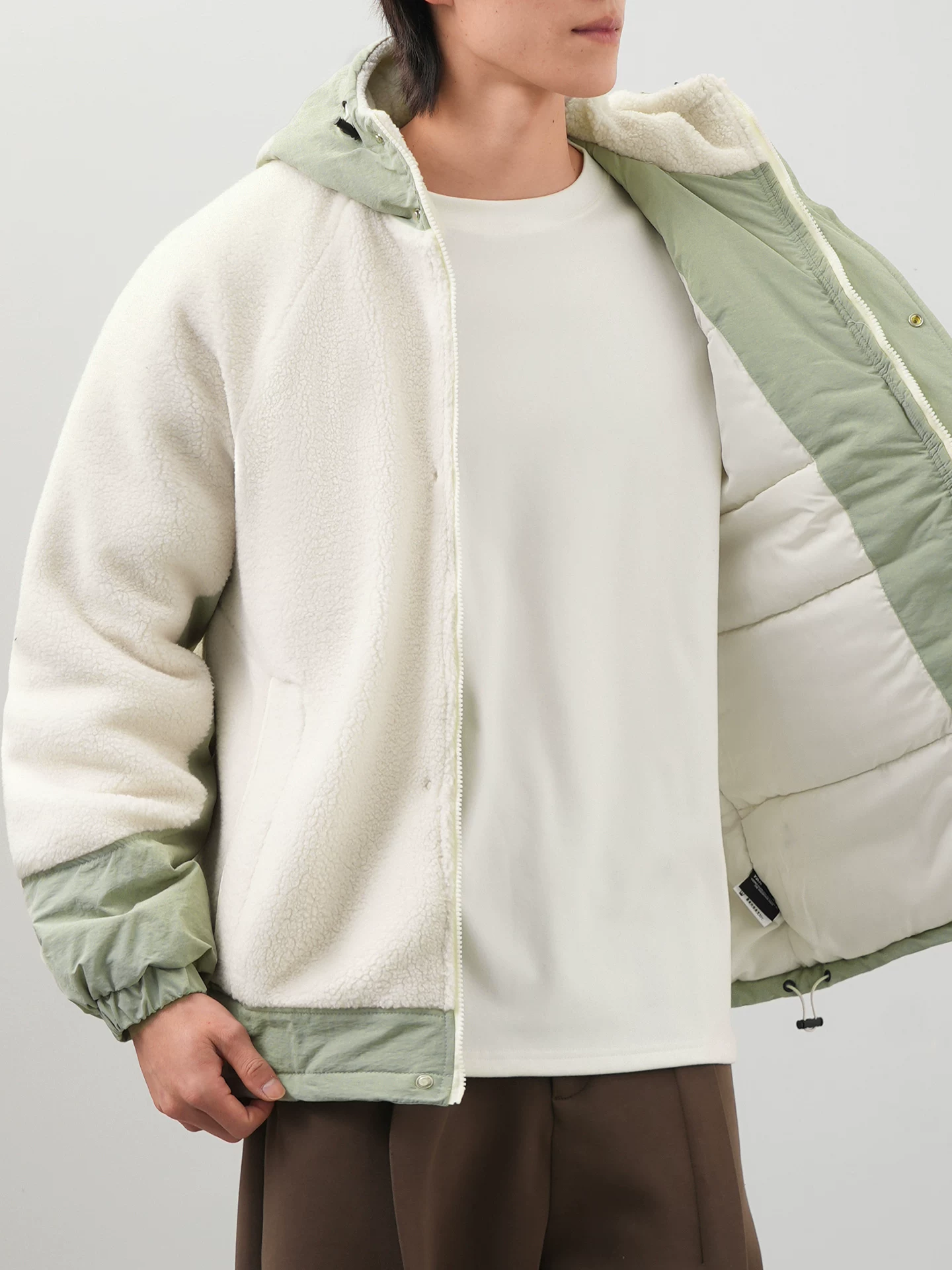 Áo khoác cotton có mũ trùm đầu kiểu Mỹ OMZM dành cho nam, quần áo mùa đông có lớp lót lông cừu, áo khoác dày và ấm áp, áo khoác lông cừu phối màu.