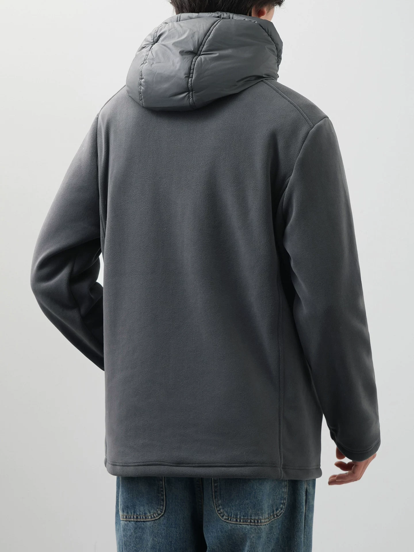 OMZM90 áo khoác lông vịt trắng nam mùa đông chắp vá lông cừu cực ấm áp áo khoác lông cừu nhẹ có mũ trùm đầu