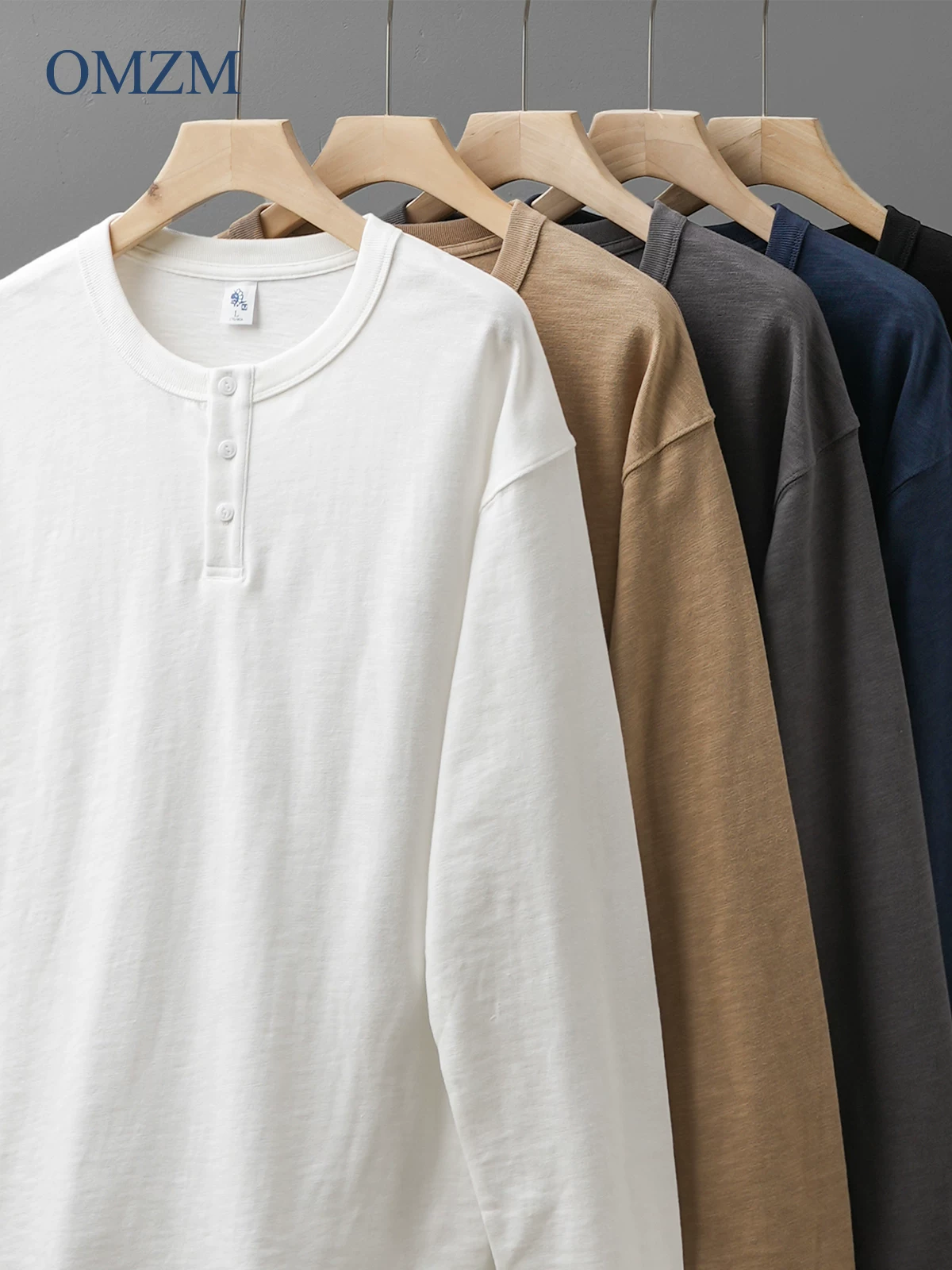 Áo thun nam cổ henley tay dài, chất liệu cotton 100%, dày dặn 400G, kiểu dáng Mỹ, thích hợp làm lớp lót mùa thu đông, màu trơn.