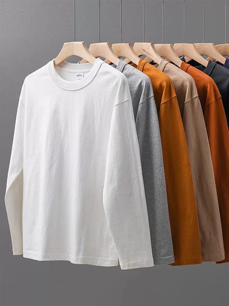 Áo thun dài tay ba kim 400g dành cho nam, chất liệu cotton nguyên chất, màu trắng tinh khiết, áo lót, áo nỉ cổ tròn rộng rãi cho mùa thu.