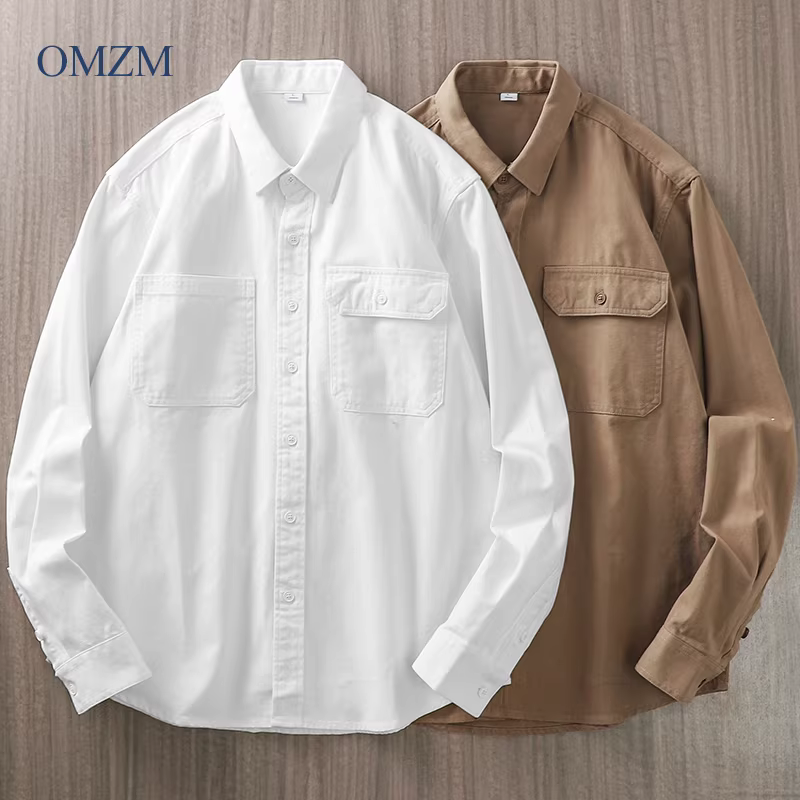 Áo sơ mi dài tay bằng cotton nguyên chất hạng nặng kiểu Mỹ dành cho nam, áo khoác có cổ rộng rãi cao cấp mùa thu đông, áo sơ mi trắng không cần là ủi