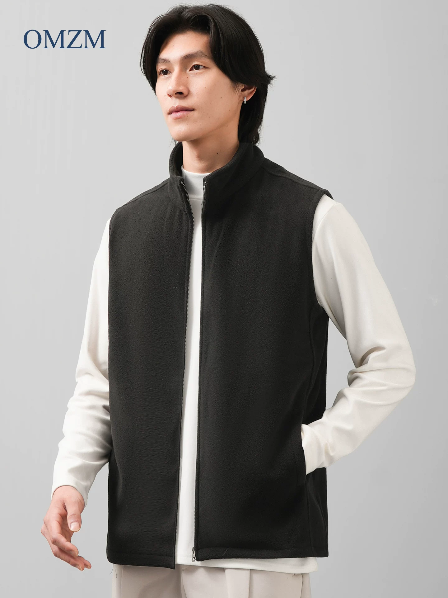 Áo vest nỉ hạng nặng OMZM320G dành cho nam, áo vest nỉ giữ ấm mùa thu đông, áo khoác vest cổ đứng rộng rãi