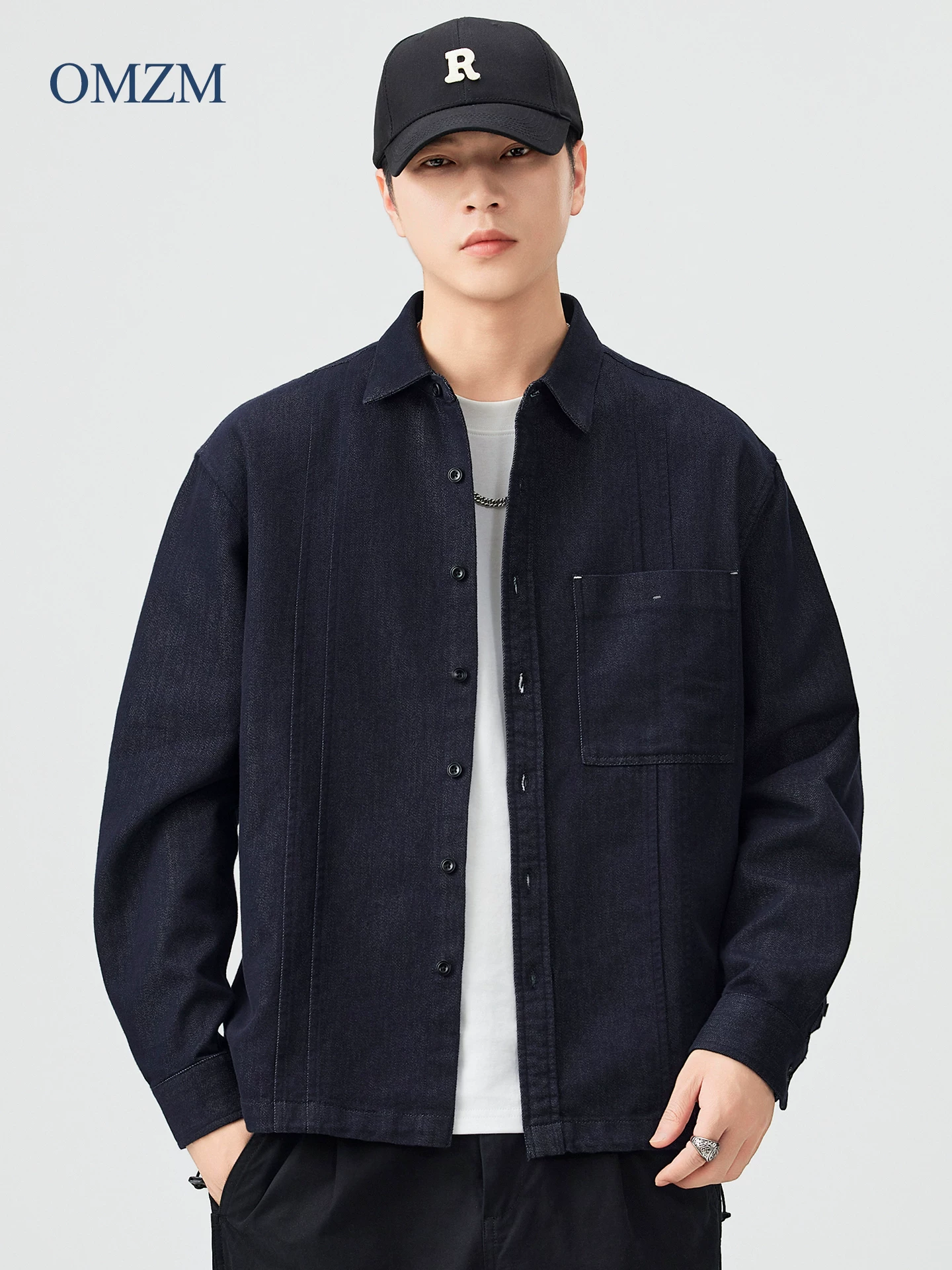 Áo sơ mi dài tay denim OMZM Lyocell dành cho nam, áo sơ mi màu trơn cổ điển mùa thu của Mỹ, áo khoác bảo hộ lao động rộng rãi kiểu dáng cũ kỹ